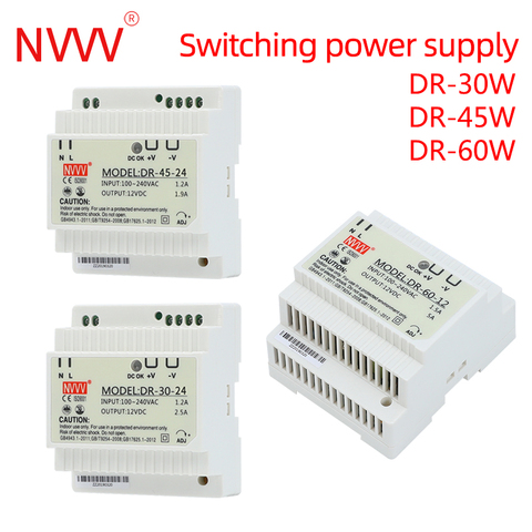 NVVV 12V 24V DR-30W 45W 60W Промышленный Din-рейка импульсный источник питания с одним выходом ► Фото 1/6