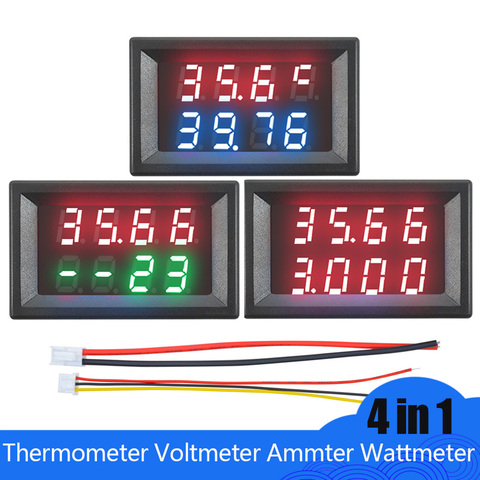 Цифровой термометр Вольтметр Амперметр ваттметр двойной дисплей 4 в 1 цифровой автомобильный измеритель температуры напряжения тока мощно... ► Фото 1/6