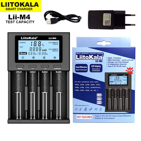 Новинка 2022, зарядное устройство LiitoKala Lii-M4 18650, универсальное умное зарядное устройство с ЖК-дисплеем, тестовая емкость для 26650, 18650, 21700, AA, AAA и т. д., 4 слота ► Фото 1/1
