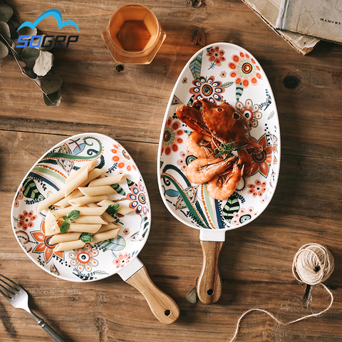 Скандинавские керамические обеденные тарелки блюда для бифштекса салат лоток с деревянной ручкой рождественские тарелки для стейков дома... ► Фото 1/6