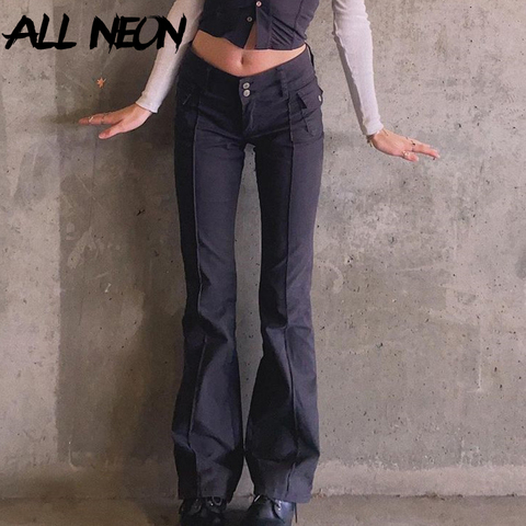 ALLNeon инди-эстетика тонкий пояс с низкой талией брюки-клеш E-платье для девочек винтажное карманами, сплошной цвет, размер на Y2K штаны осень 90s ... ► Фото 1/6