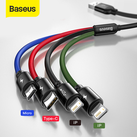 Кабель Baseus 4 в 1 USB Type C для iPhone 11 Pro Max 3 в 1, USB-кабель USB C, кабель для Samsung Xiaomi Note 8 Pro, кабель Micro USB ► Фото 1/6