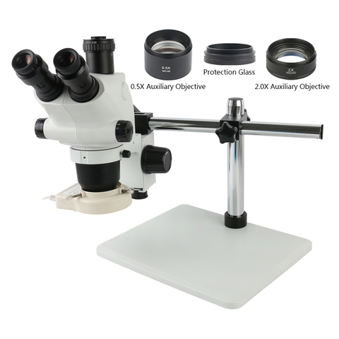 Тринокулярный микроскоп 2022 3.25X-130X 6.5X-65X Zoom, стереомикроскоп + 0.5x 2.0x 1X, Вспомогательный объектив для лаборатории, пайки печатных плат, телефона ► Фото 1/6