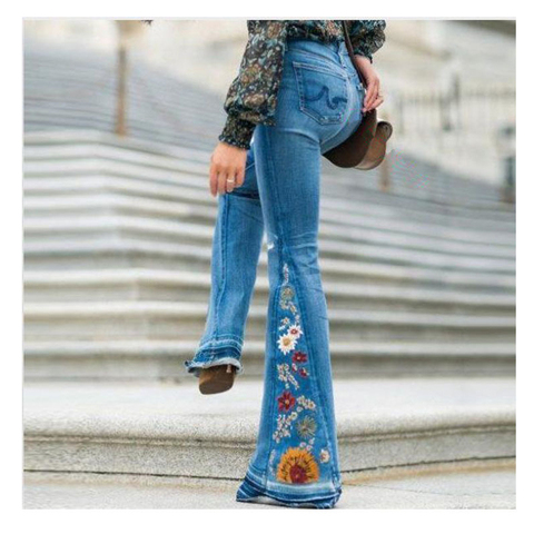 Брюки женские джинсовые с вышивкой, дышащие эластичные штаны с широкими штанинами, дышащая уличная мода ► Фото 1/5
