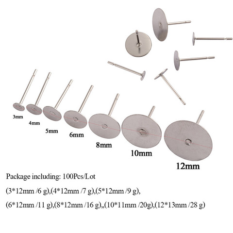 Пустые шпильки для сережек из нержавеющей стали 316L, 100 шт./лот, шпильки для сережек 3-12 мм, плоский круглый поднос, основа для ушей, Фурнитура д... ► Фото 1/6