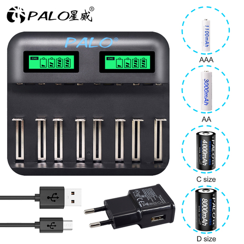 Зарядное устройство USB 8 слотов для AA, AAA, 2A, 3A, Sc, C, D размера, аккумуляторная батарея, ЖК-дисплей, Usb, быстрая зарядка для 1,2 В, ni-MH, ni-Cd ► Фото 1/5