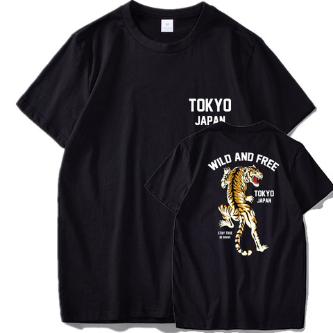 Футболка с надписью «Wild And Free», футболка с изображением тигра, японского Харадзюку, крутая футболка с принтом, черная хлопковая футболка с короткими рукавами ► Фото 1/5