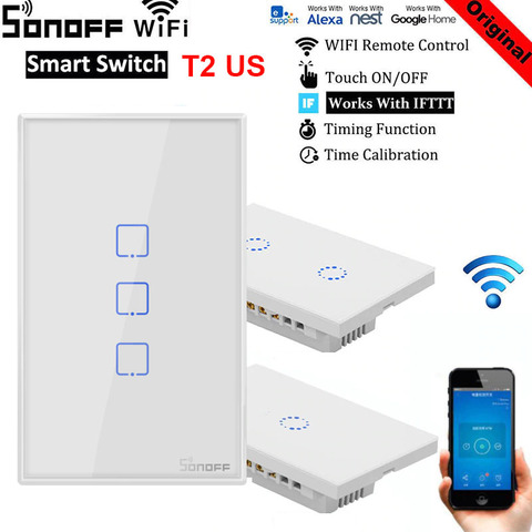 Умный настенный выключатель Sonoff T1/T2, США, Wi-Fi, сенсорный/Wi-Fi/433 RF/APP, дистанционный домашний сенсорный выключатель, работает с Alexa google Home mini ► Фото 1/6