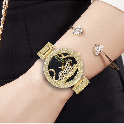 Женские леопардовые часы MISSFOX, новые дизайнерские сверкающие полностью бриллиантовые часы с золотым браслетом, элегантные женские часы ► Фото 1/6