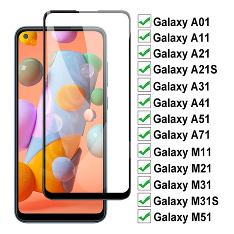 Закаленное стекло с полным покрытием для Samsung Galaxy A01 A11 A21 A31 A41 A51 A71, защитное стекло M11 M21 M31 M31S M51, защита экрана ► Фото 1/6