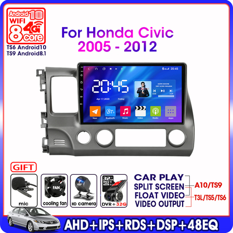 Android10.0 автомобильный радиоприемник, мультимедийный видеоплеер для Honda Civic 2005-2012, Авторадио с навигацией, GPS, 4Gnet, Wi-Fi, RDS, 4 Гб + 64 ГБ, головное уст... ► Фото 1/6
