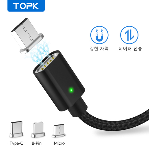 Магнитный кабель TOPK для iPhone Xs Max Xr 8 7 6 5 Plus USB C & Micro USB кабель с нейлоновой оплеткой светодиодный индикатор кабель для синхронизации данных Type-C ► Фото 1/6