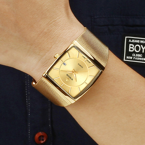 WWOOR брендовые роскошные золотые ультратонкие кварцевые часы для мужчин, модные квадратные мужские часы, стальные сетчатые водонепроницаем... ► Фото 1/6