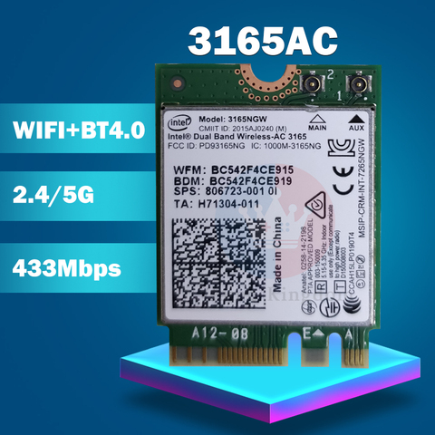 Беспроводная карта Wi-Fi для HP SPS 806723-001, Двухдиапазонная Беспроводная плата Intel Wireless-AC 3165 3165ac 3165NGW Wi-Fi Bluetooth 4,0 NGFF, карта 802.11AC ► Фото 1/1