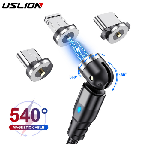 Магнитный кабель USLION с поворотом на 540 градусов Micro USB Type C телефонный кабель для iPhone11 Pro XS Max Samsung Xiaomi USB шнур провод кабель ► Фото 1/6