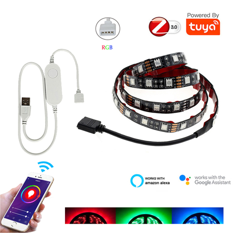 TUYA Zigbee Светодиодная лента USB DC5V м, 1 м, 2 м, 3 м, 4 м, 5 м RGB гибкий светодиодный светильник лампы ТВ фон светильник ing эхо плюс Google Home голосовое Управление ► Фото 1/6