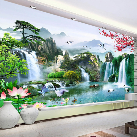 Настенные 3D-обои в китайском стиле на заказ, Настенная картина с изображением водопадов, природного ландшафта, гостиной, телевизора, дивана,... ► Фото 1/6