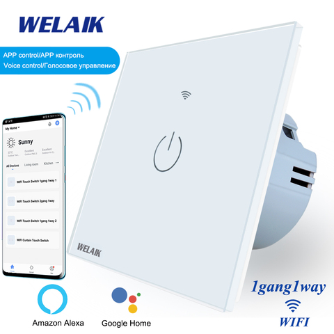 Умный выключатель WELAIK A1911CW, ЕС Wi-Fi, 1 канал, сенсорный выключатель, стеклянная панель, умный выключатель света, Wi-Fi ► Фото 1/5