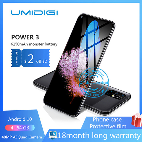 Смартфон UMIDIGI Power 3 глобальной версии, 6150 мАч, экран 6,53 дюйма FHD+, 4 ГБ, Helio P60, 64 ГБ ПЗУ, четыре камеры, на базе Android 10, сканер лица ► Фото 1/6