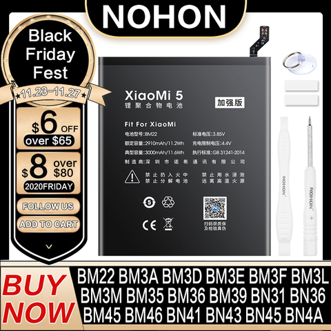 Аккумулятор NOHON BN43/BN41/BM46/BM22/BN31/BM3L/BM39/BM3E для Xiaomi Mi 4C/5 5S/5X/6/8 Lite Pro/9 SE/CC9/Redmi Note 2/3/7 Pro/4/4X/5 ► Фото 1/6