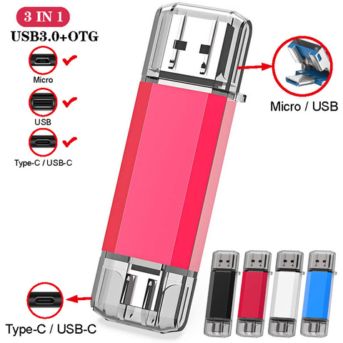 3 в 1 UBS 3,0 OTG USB флеш-накопитель 64 Гб Type C & Micro USB флешка 3,0 флеш-накопитель 16 ГБ 32 ГБ 128 ГБ Флешка 256 ГБ 512 ГБ флешка ► Фото 1/6