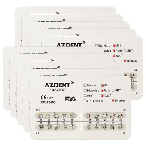 10 упаковок AZDENT Стоматологические Ортодонтические металлические скобы бандаж Mini Roth/MBT слот. 022/018 крючков 3/3-4-5 ► Фото 1/6