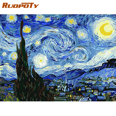RUOPOTY рамка DIY Рисование по номерам Картина Ван Гога Звездное небо картина по номерам пейзаж настенная искусство акриловая краска для домашн... ► Фото 1/6