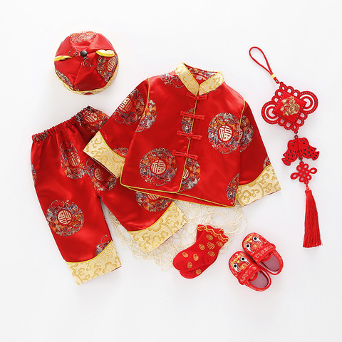 Китайский новый год красный праздничный Детский костюм в китайском стиле традиционный костюм ханфу с вышивкой Одежда для новорожденных де... ► Фото 1/6