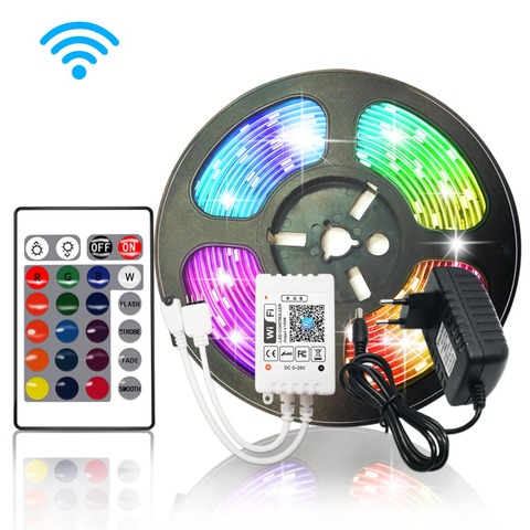 Светодиодный смарт-полоски с подсветкой, Wifi, Bluetooth, светодиодный RGB 5050 2835 12 В 5 м 10 м 15 м, водонепроницаемый пульт дистанционного управления, ги... ► Фото 1/6