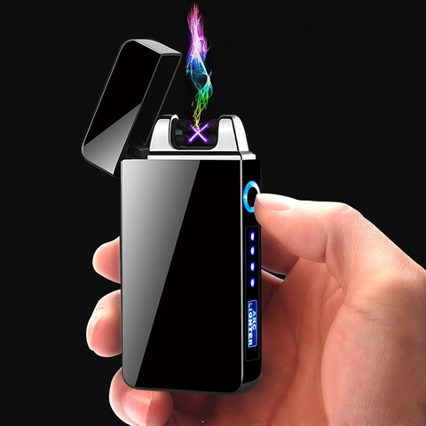 Электрическая зажигалка с двойной дугой, ветрозащитная плазменная зажигалка с USB, беспламенные зажигалки для курения сигарет светодиодный светодиодным дисплеем, мужские гаджеты, подарки ► Фото 1/1