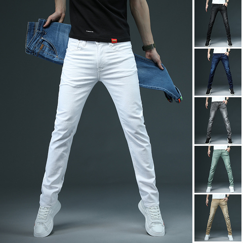 Мужские облегающие джинсы, белые модные повседневные эластичные хлопковые джинсовые брюки, брендовая одежда для мужчин, черный, серый, хаки... ► Фото 1/6