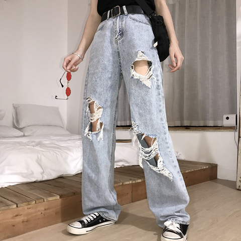 Женские рваные джинсы с высокой талией, свободные винтажные брюки в стиле хип-хоп, KZ69, 2022 ► Фото 1/3