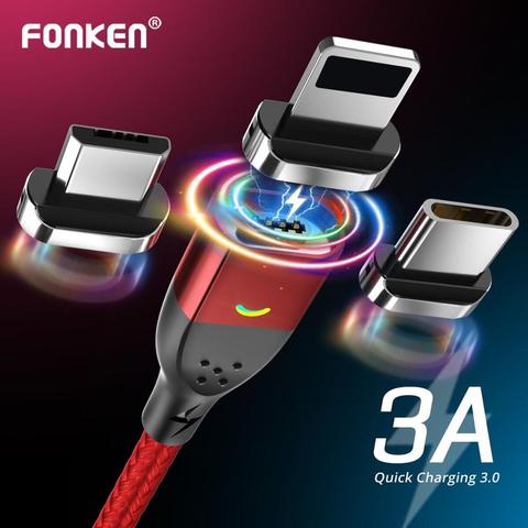 Магнитный кабель FONKEN Micro USB, кабель USB Type-C, магнитный телефонный кабель 3A, кабель для быстрой зарядки, зарядный кабель для Android, зарядный шнур д... ► Фото 1/6