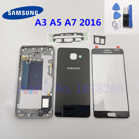 Полноразмерный корпус для SAMSUNG Galaxy A3 A5 A7 2016 A310 A510 A710, средняя рамка + стеклянный чехол + фронтальная стеклянная линза A510F ► Фото 1/6