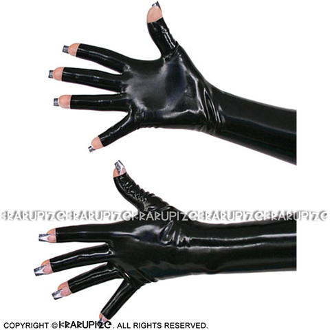 Черные сексуальные латексные перчатки длиной до руки с разрезами спереди, резиновые варежки ST-0067 ► Фото 1/3