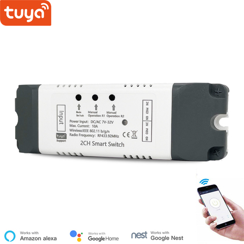 Tuya Smart Life 2-канальный WiFI переключатель; 32 В встроенный блокировочный само-блокирующий WiFi модуль; Беспроводное реле управления; Голосовое управление Alexa ► Фото 1/6