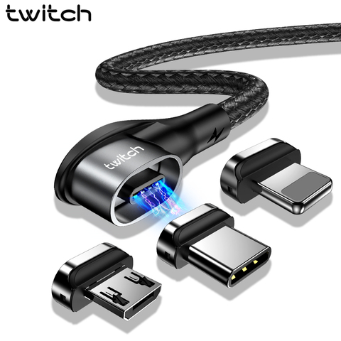 Магнитный кабель Twitch 90 градусов Micro USB Type C зарядный кабель для iphone Samsung 3A быстрая Магнитная Зарядка кабель для передачи данных USB C шнур ► Фото 1/6