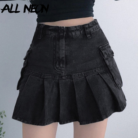 Джинсовая юбка с высокой талией ALLNeon Mall Y2K эстетичная черная джинсовая плиссированная юбка с большими карманами в стиле панк E-girl наряды ► Фото 1/6