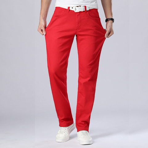 Новинка 2022, осенние мужские красные джинсы, классический стиль, прямые эластичные хлопковые джинсовые брюки, мужские брендовые белые брюки ► Фото 1/6