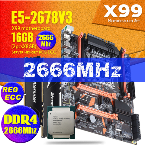 Комплект материнской платы Atermiter X99 D4 с Xeon E5 2678 V3, LGA2011-3 CPU, 2 шт. X 8 ГБ = 16 ГБ, 2666 МГц, DDR4 память REG ECC RAM ► Фото 1/6