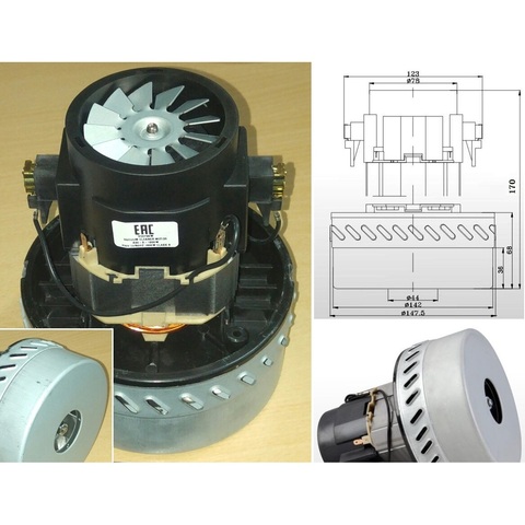 Электродвигатель моющих пылесосов 1200W, H=170mm, D143/68mm ► Фото 1/3