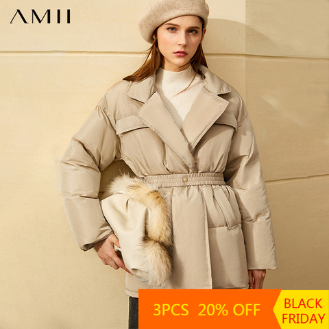 Amii минимализм, плотное зимнее пальто для женщин, модное, однотонное, 90% утиного пуха, с отворотом, на поясе, женское пуховое пальто, 12040398 ► Фото 1/6