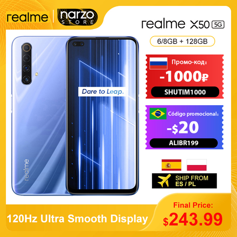 Глобальная версия Realme X50 X 50 5G смартфон 8 ГБ 128 Snapdragon 76 5G 6,57 ''120 Гц ультра Дисплей 48MP Quad задние камеры 30W ₽12000-1000 Промо-код: SHUTIM1000 (Использовать на 3-29 00:00:00 — 4-02 23:59:59) ► Фото 1/6