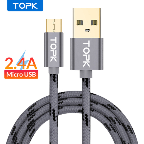 Оригинальный кабель Micro USB TOPK с металлическим корпусом, Позолоченный разъем, плетеный провод для телефонов Samsung / Sony / Xiaomi / Android ► Фото 1/6