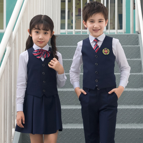 Детская Корейская японская школьная форма для мальчиков и девочек белая рубашка темно-синяя юбка брюки жилет галстук комплект одежды студенческий костюм ► Фото 1/6
