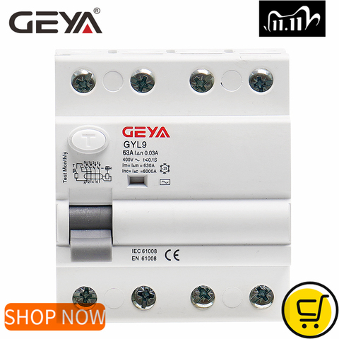 Автоматический выключатель остаточного тока GEYA GYL9, предохранительный выключатель переменного тока, 4P, 40A, 63a, 100a, ELCB FP, 30 мА, 100 мА, 300 мА ► Фото 1/6