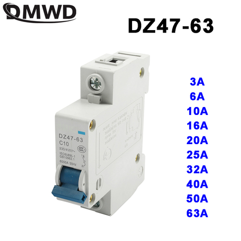 DMWD DZ47-63 3A 6A 10A 16A 20A 25A 32A 40A 63A 1P AC 230V или 400V Мини автоматический выключатель MCB выключатель измельчитель ► Фото 1/1