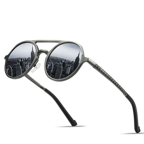 Мужские солнцезащитные очки, винтажные поляризационные очки в круглой оправе из алюминиево-магниевого сплава, зеркальные очки для вождения ► Фото 1/5