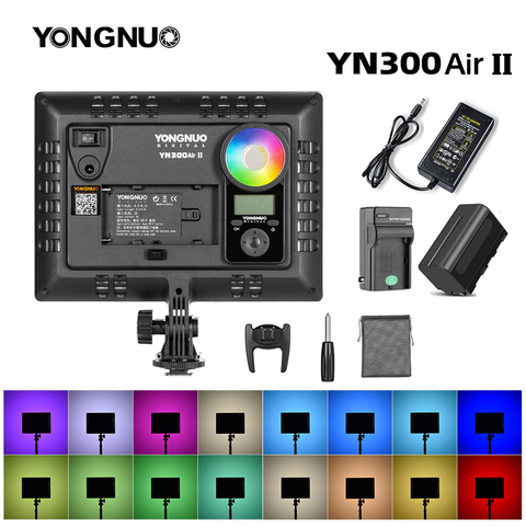 Светодиодная лампа YONGNUO YN300AIR II RGB для видеосъемки, дополнительный аккумулятор с зарядным устройством светильник для фотосъемки + адаптер переменного тока ► Фото 1/6