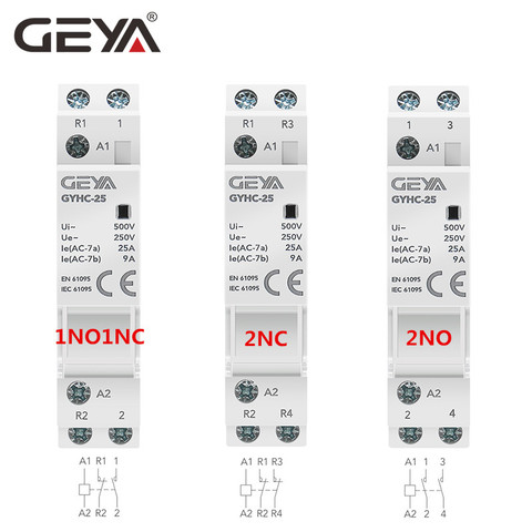 Бытовой модульный контактор переменного тока GEYA на Din-рейку для умного дома, гостиницы, 220 В переменного тока, 2P 16A 20A 25A 2NC 2NO 1NO1NC 50/60 Гц ► Фото 1/6